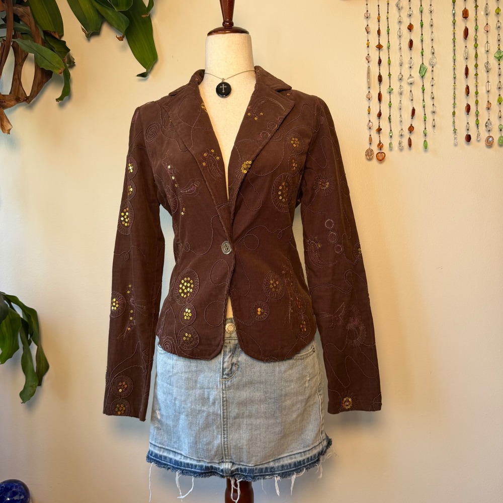 Ixia Brown Corduroy Gold Sequin Beaded Whimsigoth Blazer Y2K Embroidered spiral